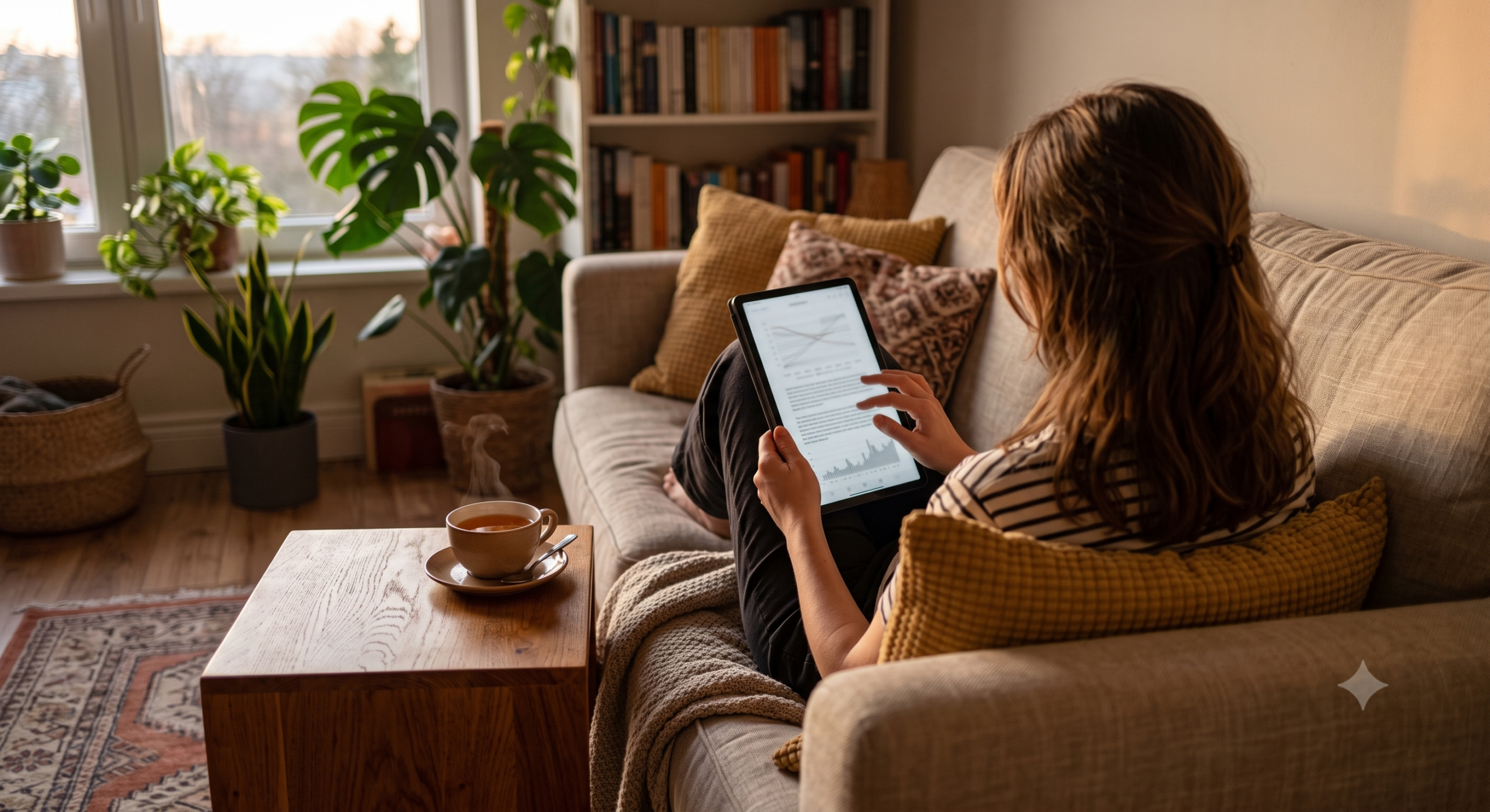 A woman on a sofa scrolling on a tablet with a cup of tea on the table beside her