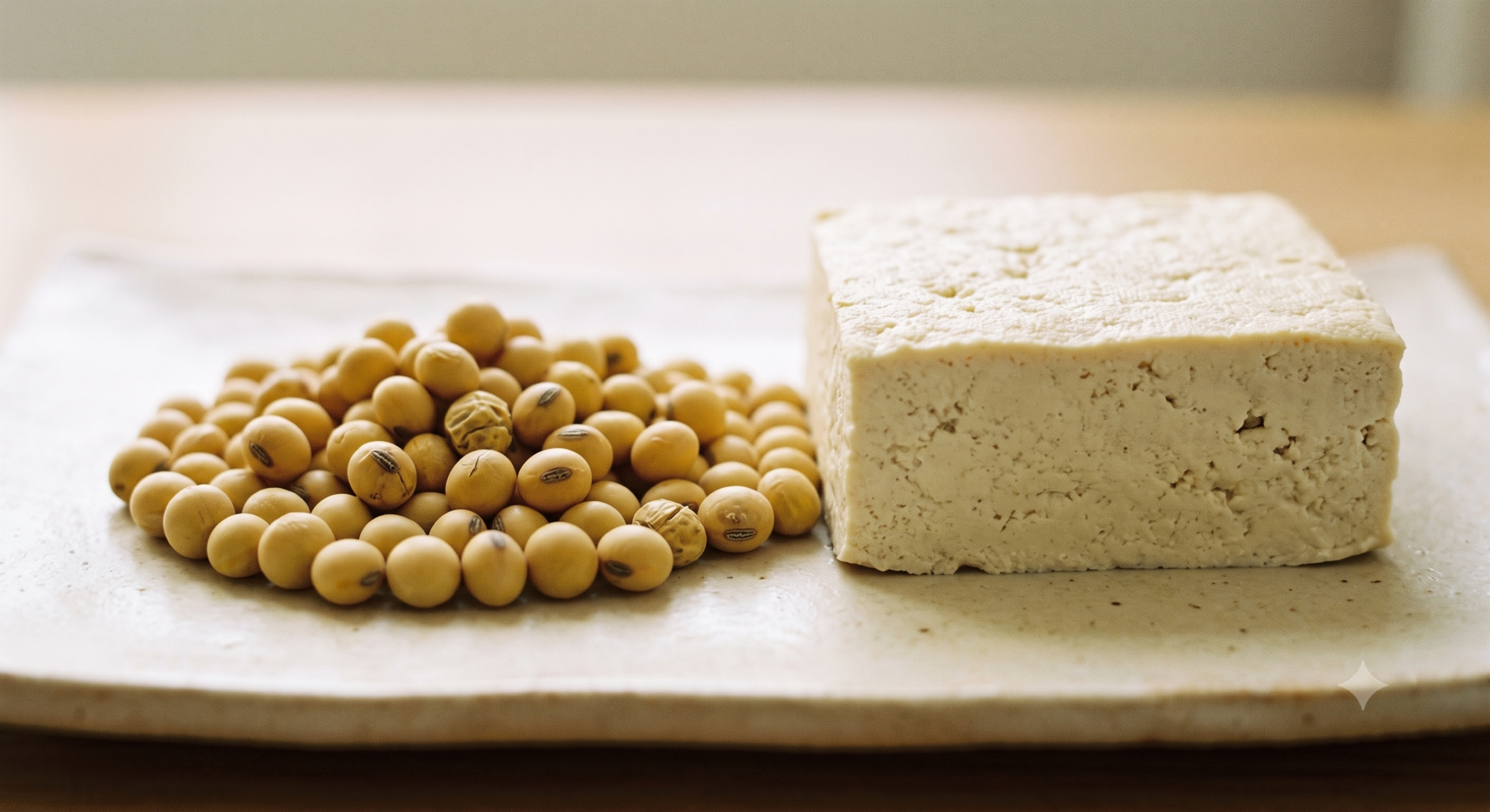 Dried yellow soybeans and a block of firm tofu side by side on a pale surface