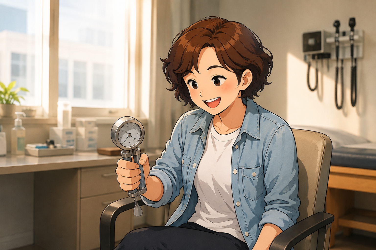 A woman seated in a clinic room gripping a metal hand dynamometer