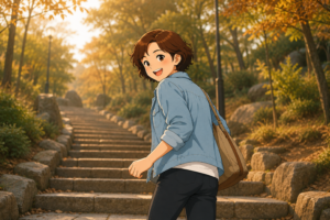 A woman walking up outdoor stone steps in a park in late afternoon light