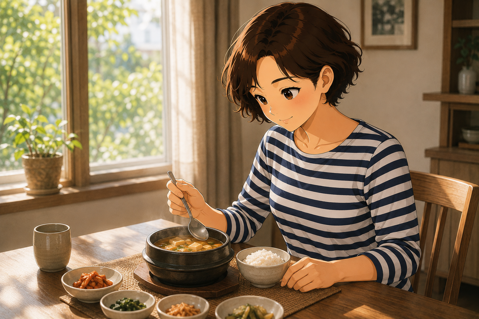 A woman at a table set with soybean paste stew, rice and small side dishes, holding a spoon
