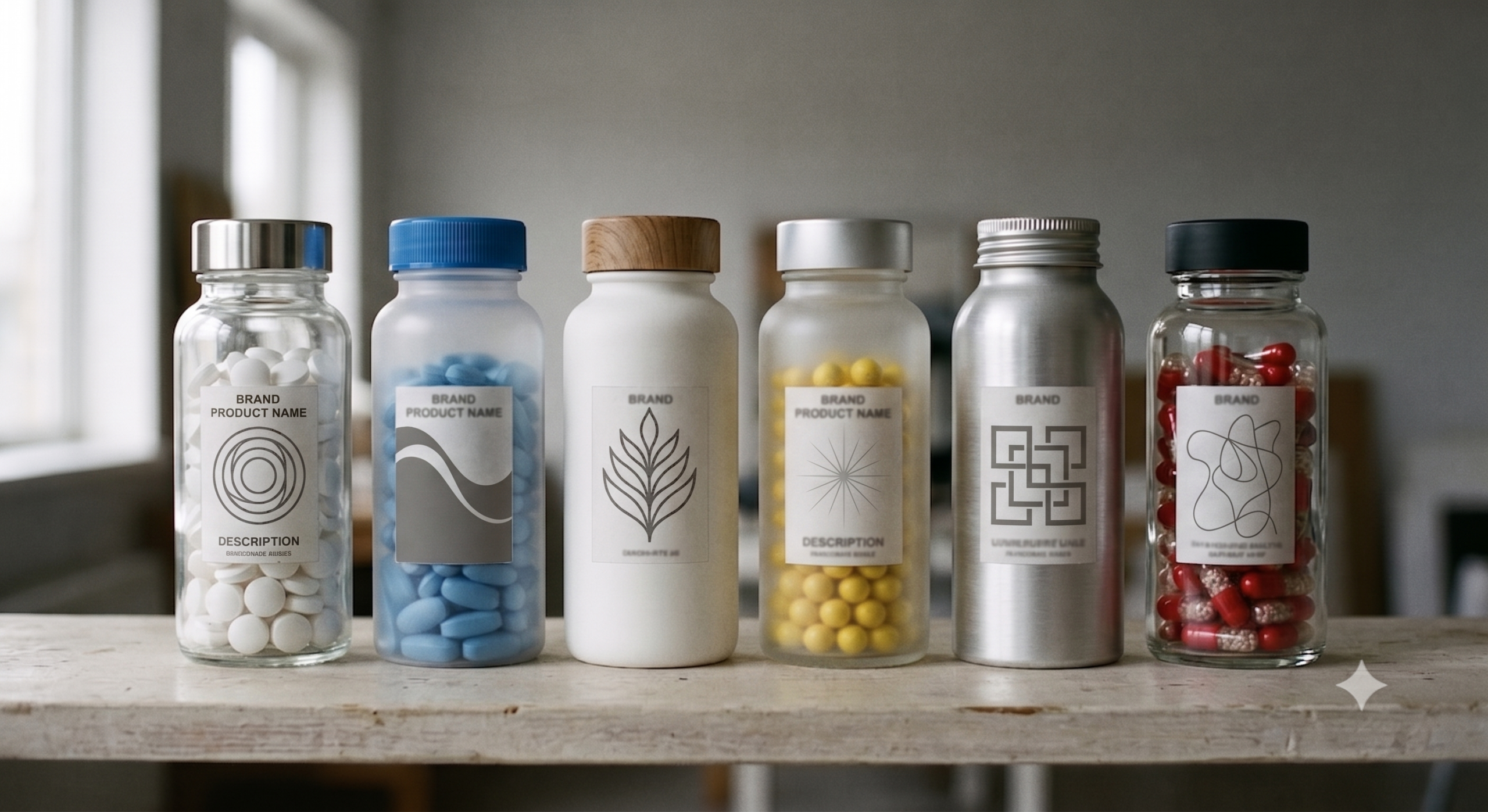 Six identical unlabelled white bottles standing in a row on a pale surface