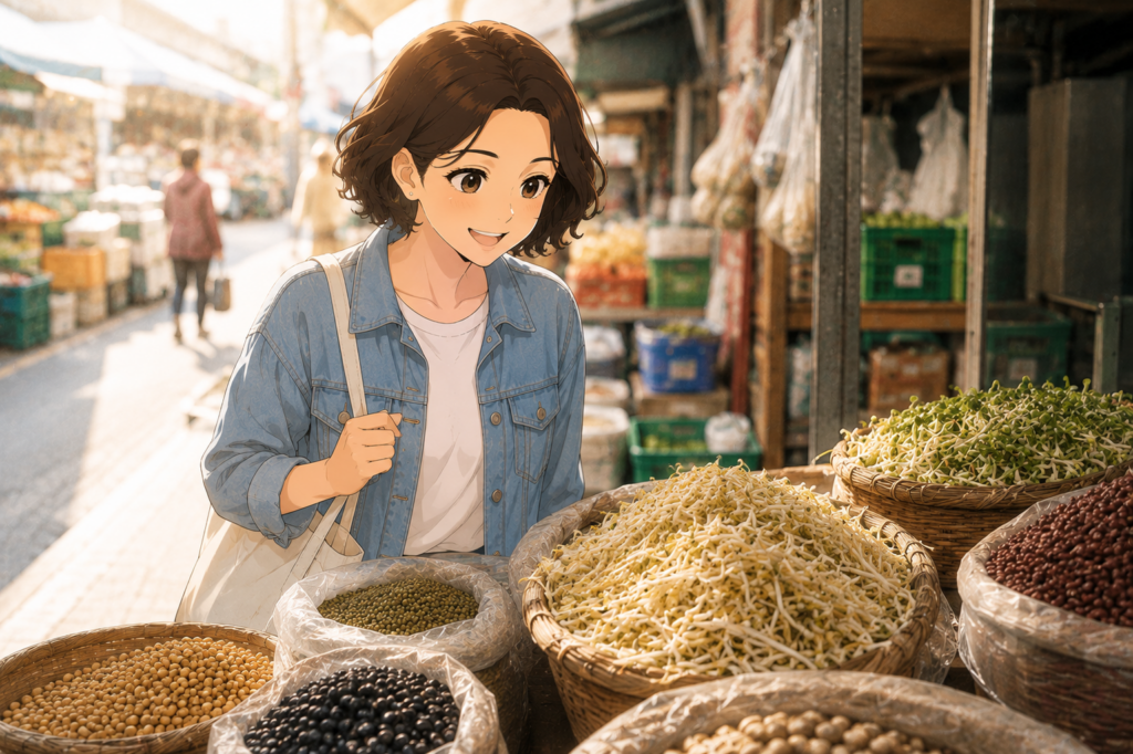 A woman at a market stall looking over baskets of dried beans and fresh bean sproutsA woman at a market stall looking over baskets of dried beans and fresh bean sprouts