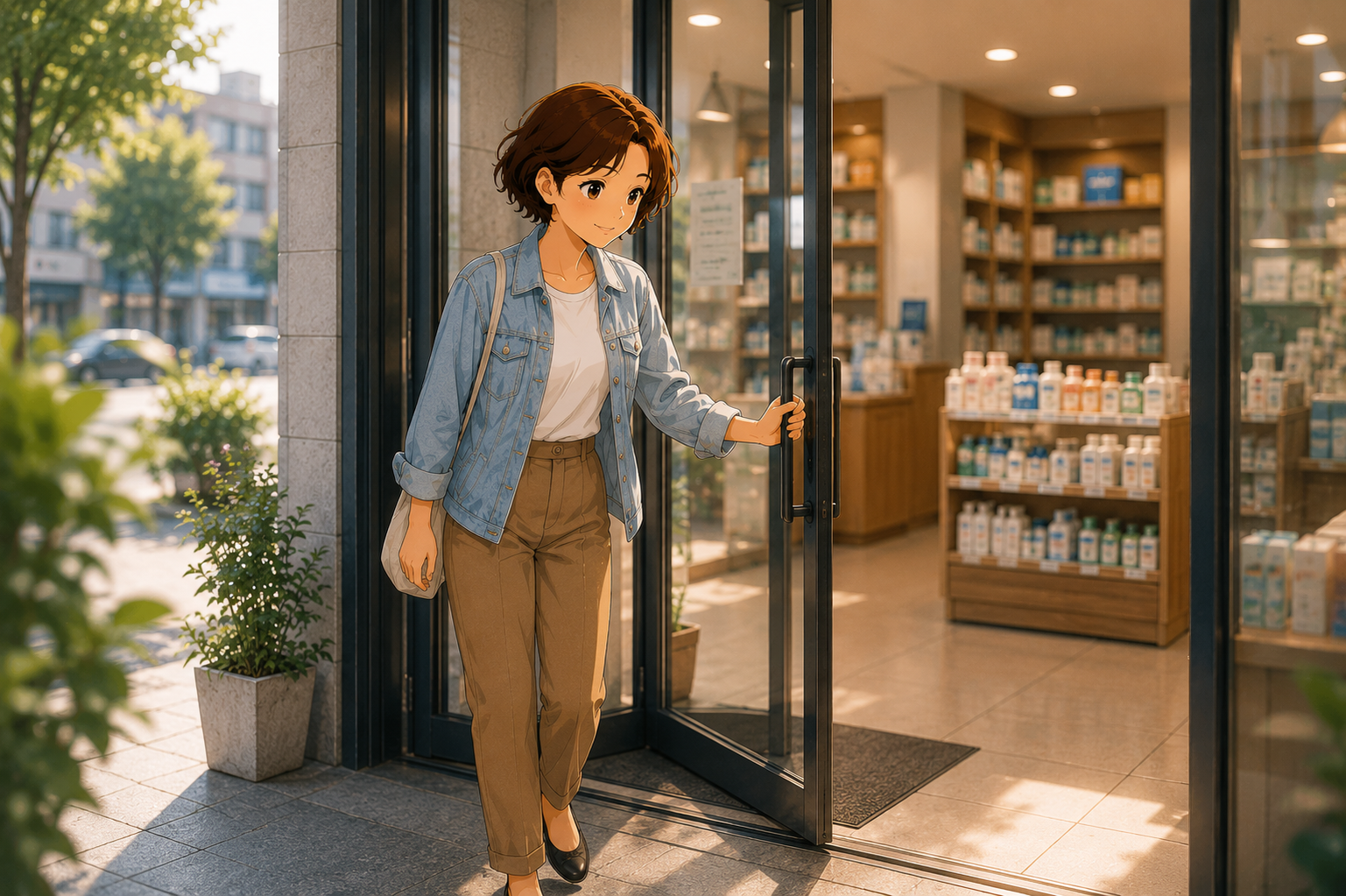 A woman at the entrance of a small pharmacy looking in, one hand on the door frameA woman at the entrance of a small pharmacy looking in, one hand on the door frame