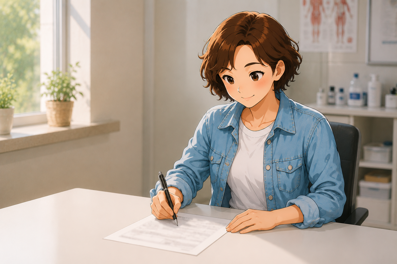 A woman at a table in a bright clinic room with a short printed questionnaire and a pen