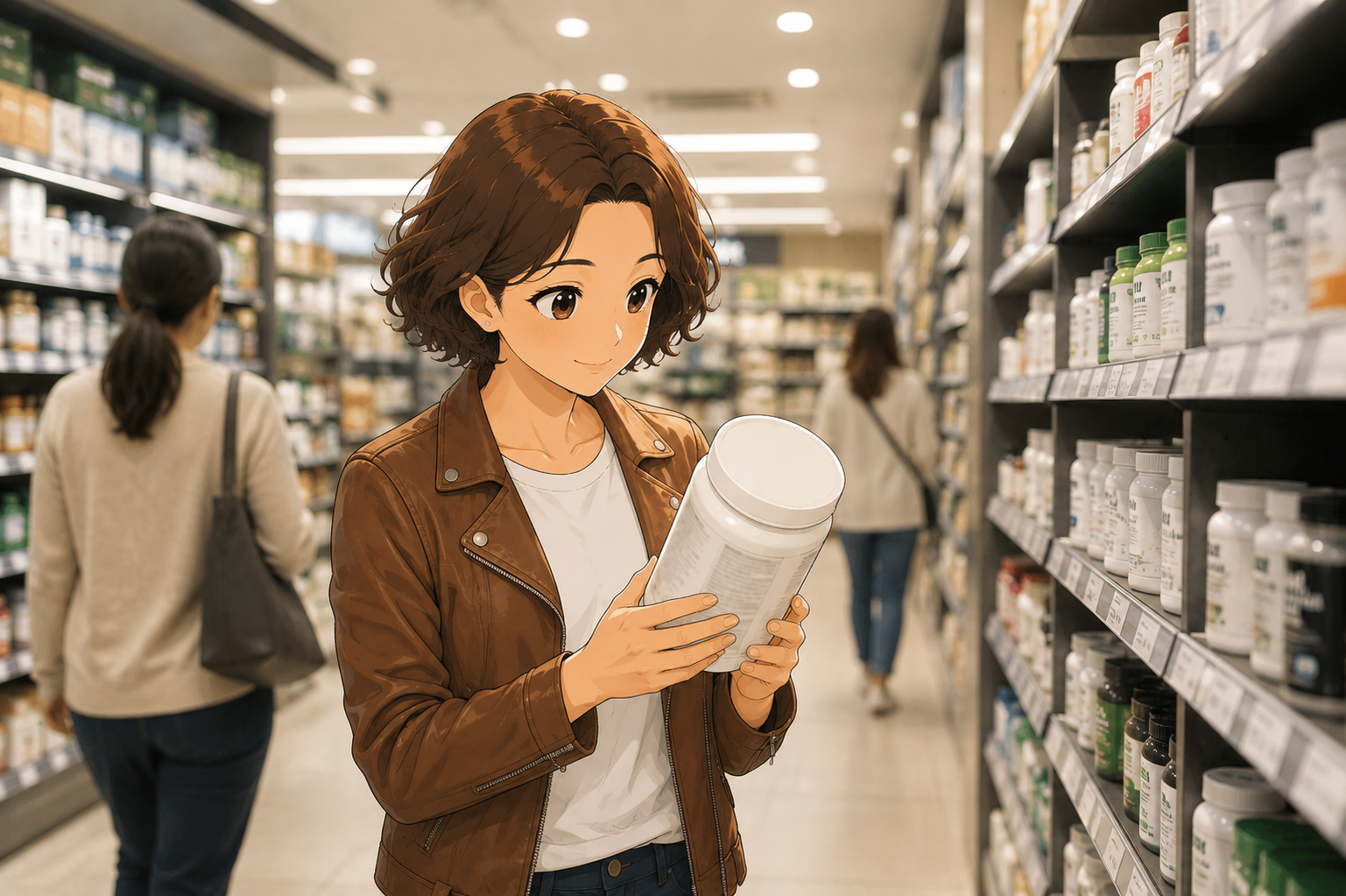 A woman in a shop aisle holding a large unlabelled tub and reading its back panel