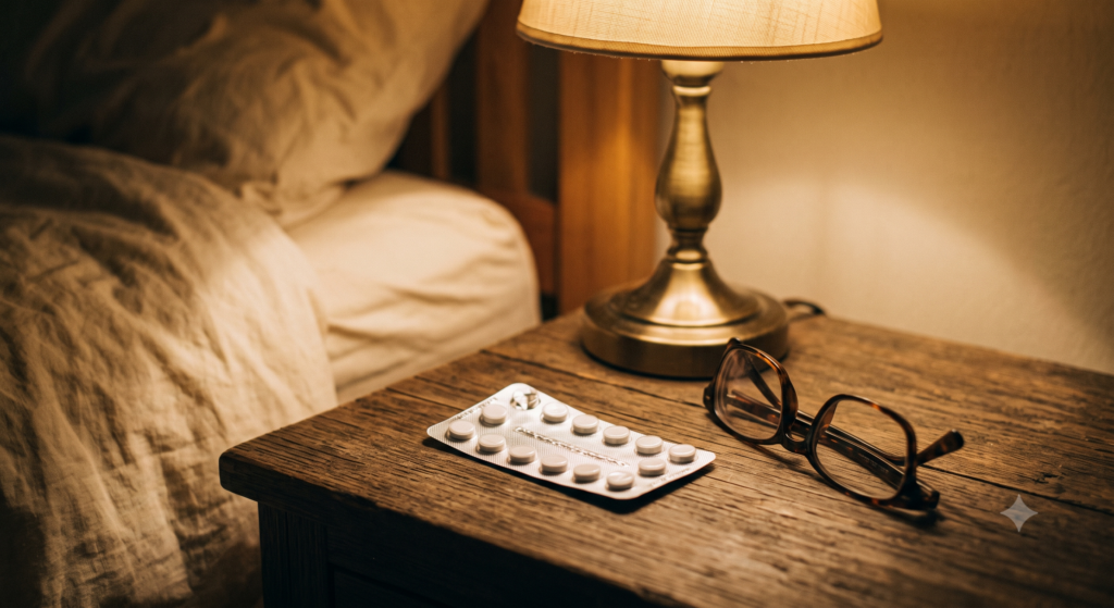 A small unlabelled blister pack of tablets on a bedside table beside folded reading glasses