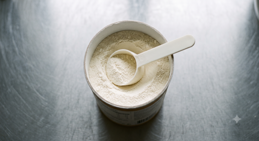 A white scoop resting inside an open unlabelled tub of pale powder, seen from above