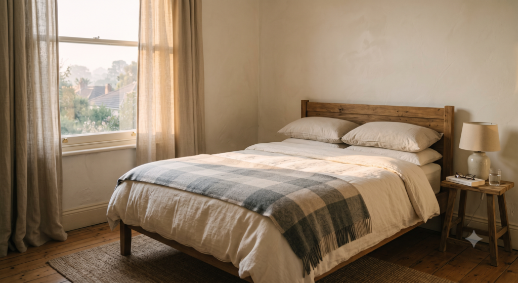 A neatly made bed in a quiet bedroom with morning light through a partly open curtain