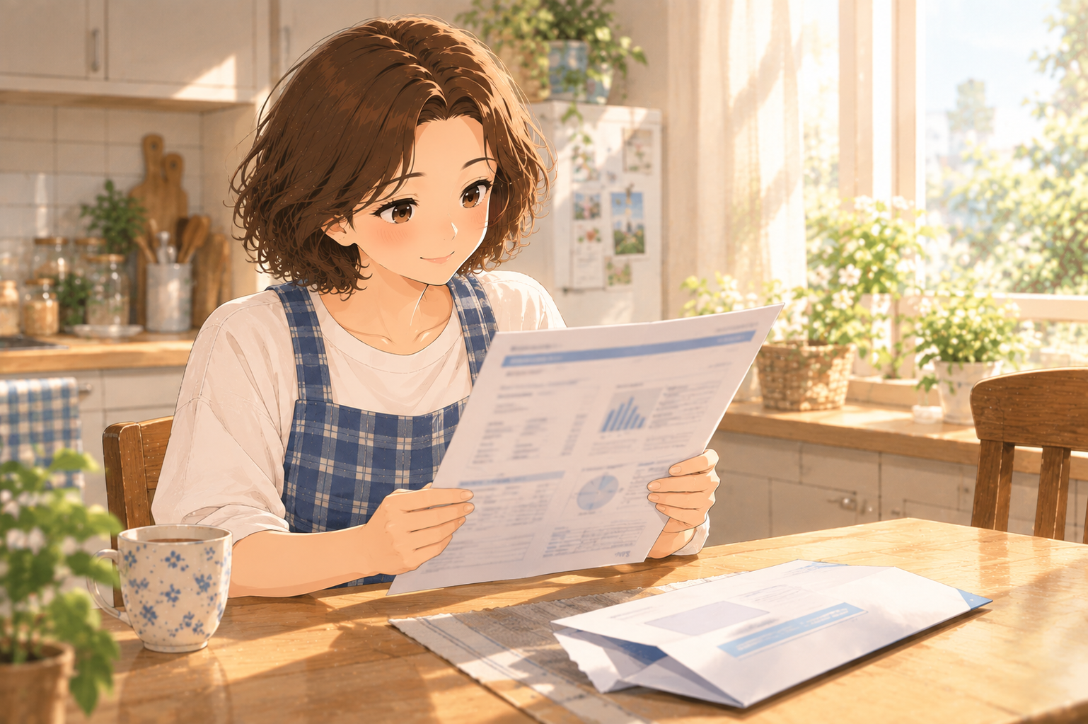 A woman at a kitchen table holding a printed lab result sheet with both hands