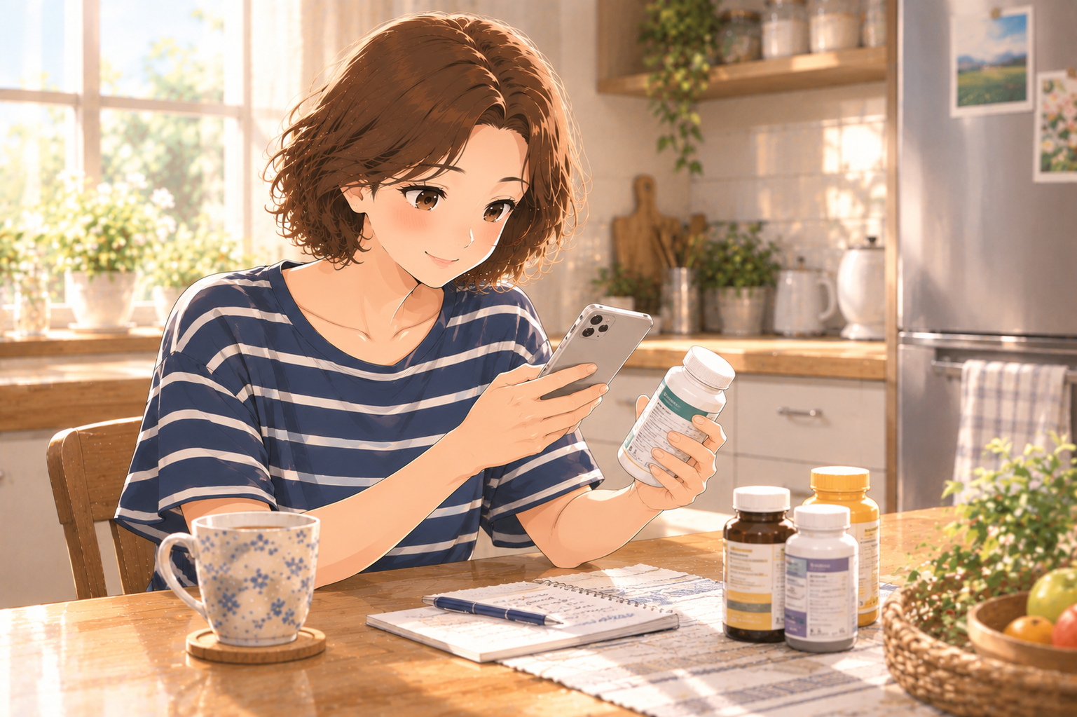 A woman at a kitchen table checking her phone beside a plain supplement bottle