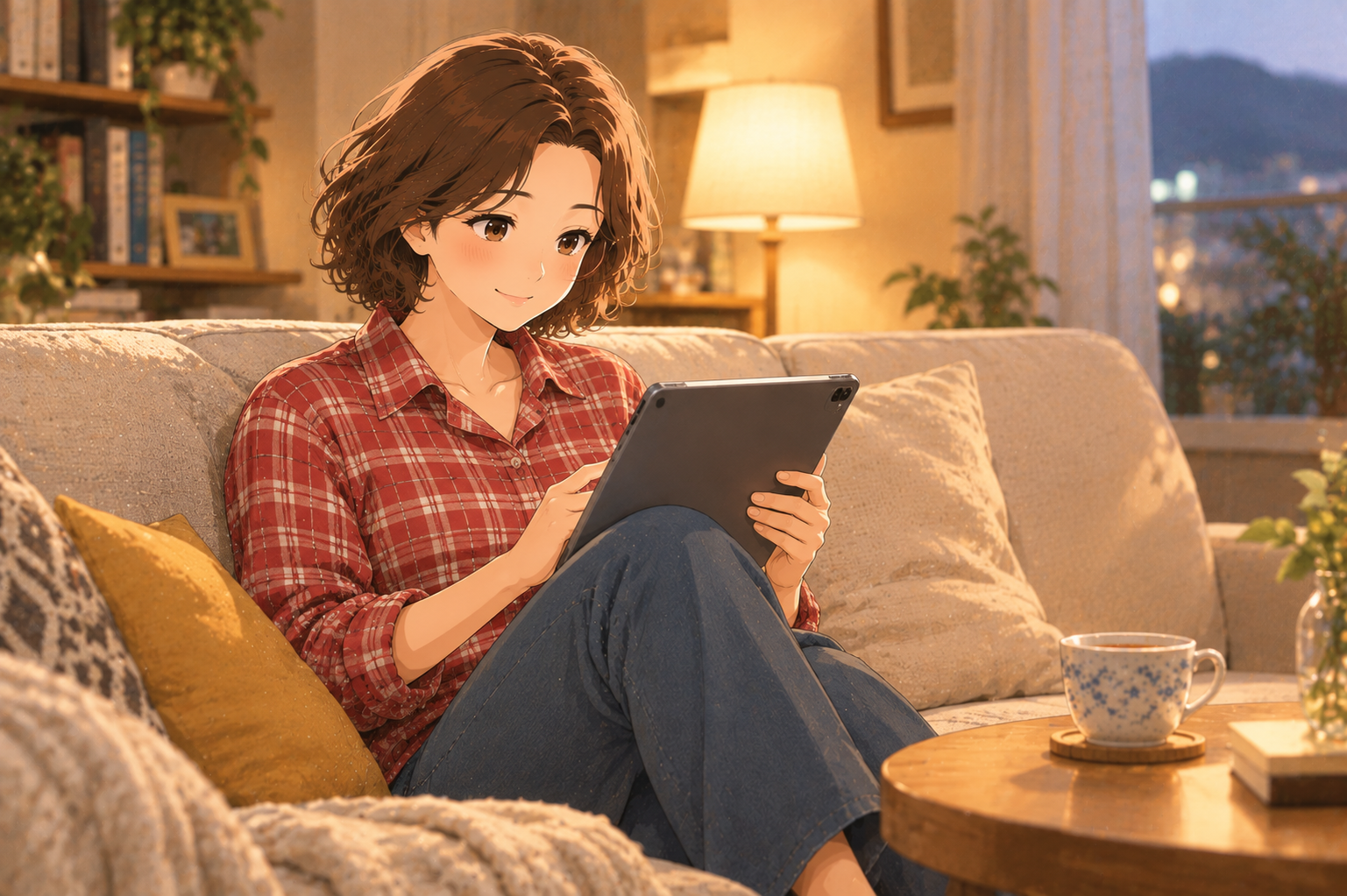 A woman on a sofa scrolling on a tablet with a cup of tea on the table beside her