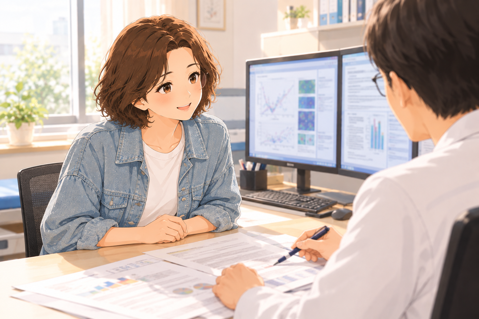 A woman at a consultation desk with a printed page in front of her