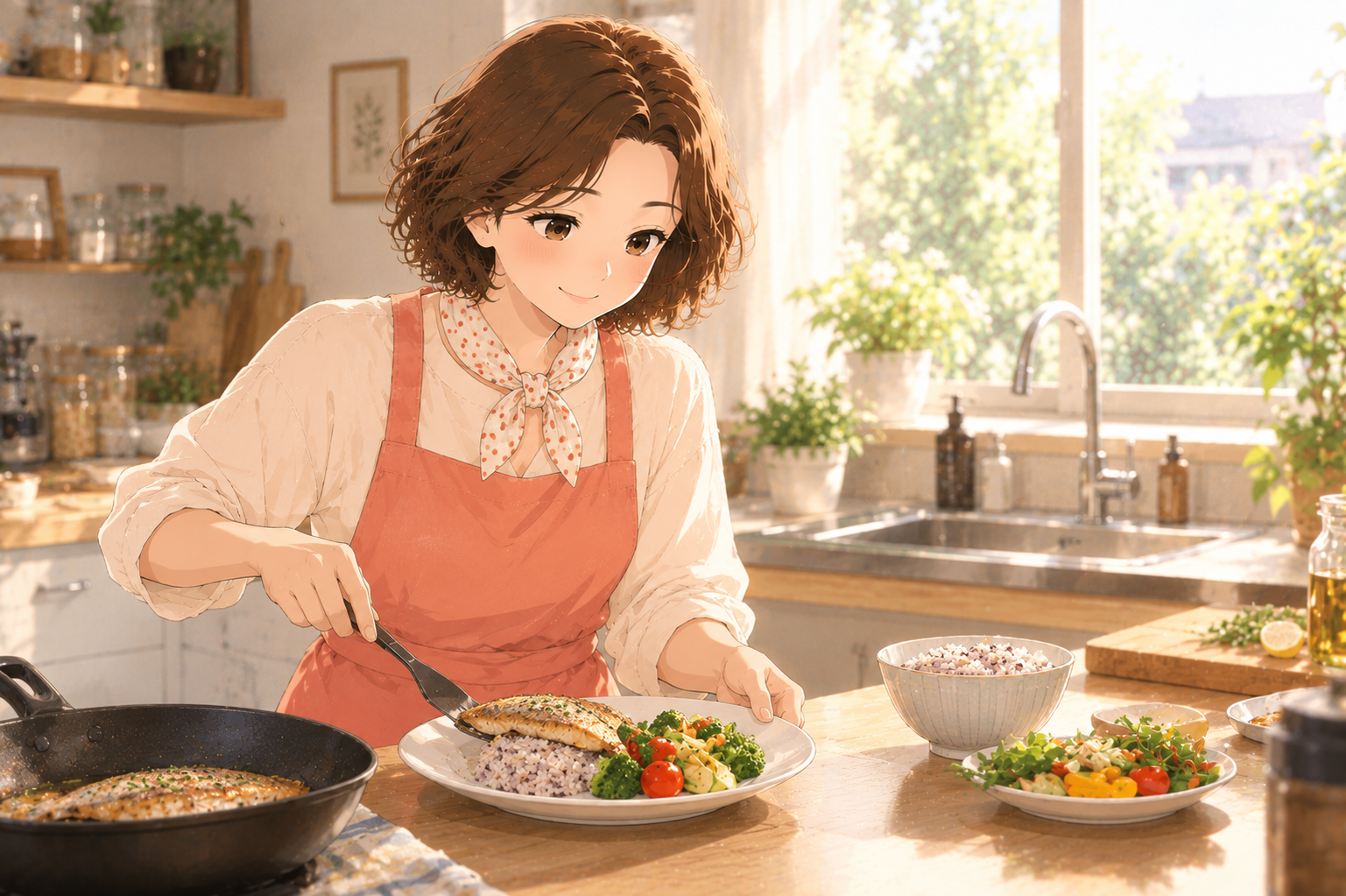 A woman plating a cooked fish fillet beside rice and greens, the kind of protein meal omega-3 research is built around