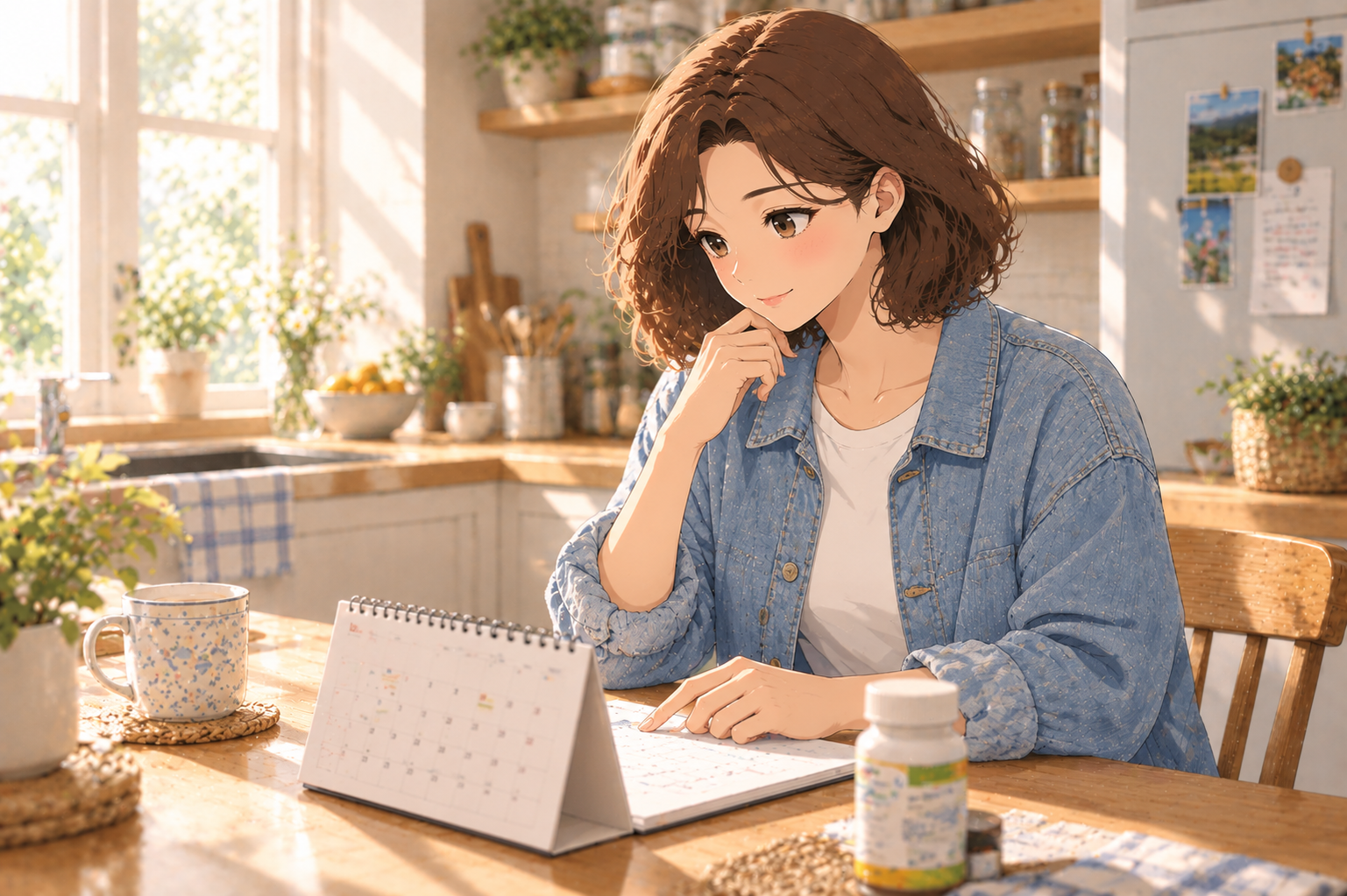 A woman at a kitchen table with a calendar, considering how iron needs change after menopause